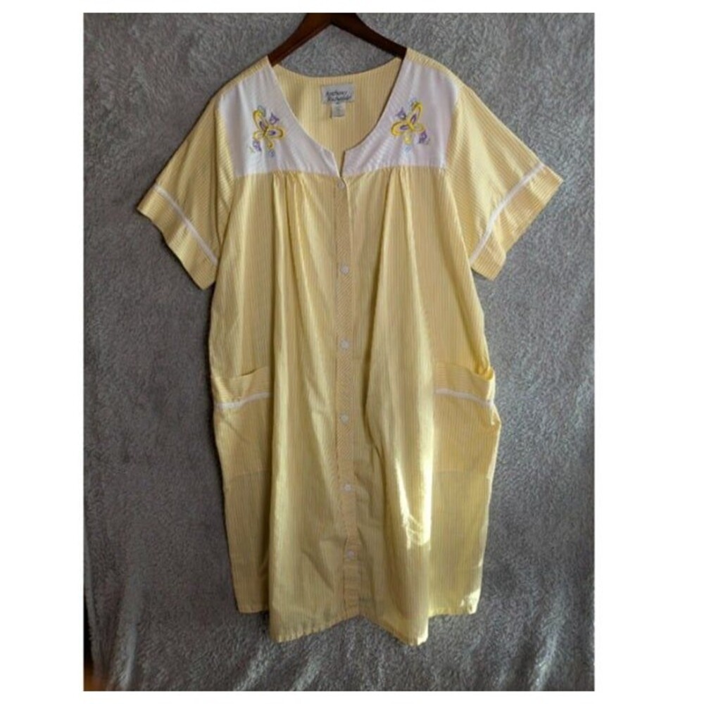 Anthony Richards House Dress Womens 1x Yellow Seersucker Stripe Butterflies